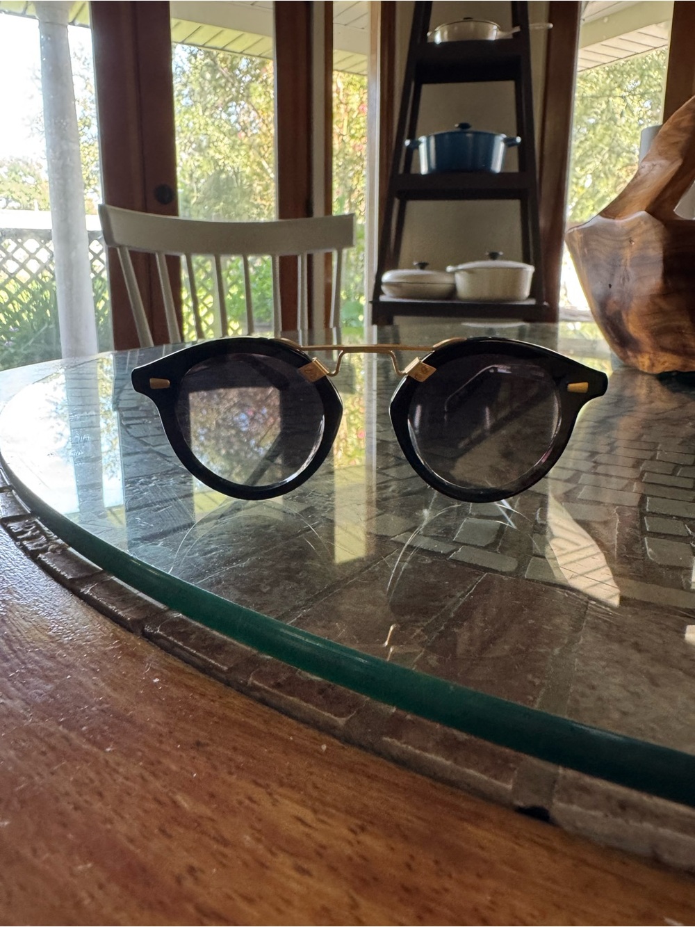 KREWE Black Round Sunglasses with Gold Bridge